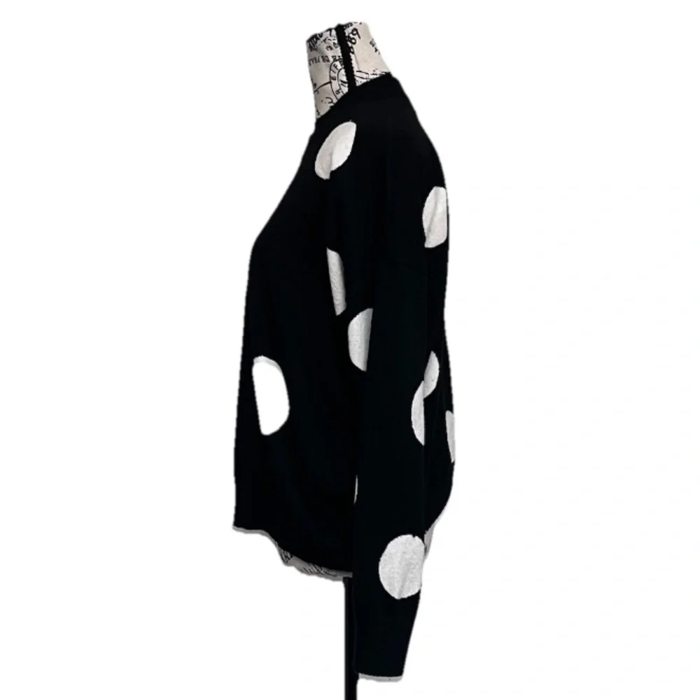T Tahari Black Polka Dot Sweater Size L White Dot Knit Chic Parisian Minimalist